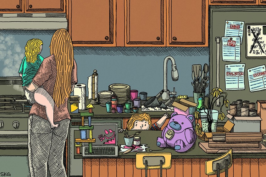 illustration of For an unpublished article about what happens when daycare services offered by employers suddenly become unavailable. This results in employees who are eager to keep their jobs being forced to stay at home, as well as the obvious disruption to finances and career trajectories.