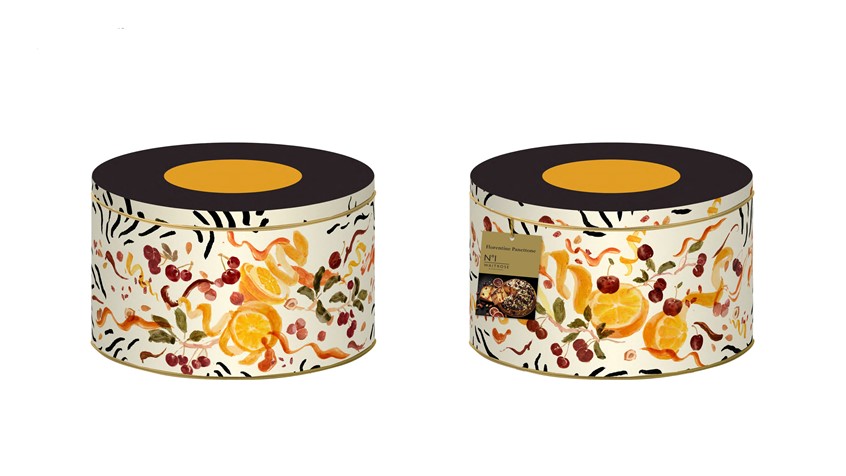 illustration of Packaging illustration for Waitrose's Christmas Panettone tin. Depicting the ingredients - a burst of oranges, cherries, chocolate, caramel and hazelnuts.Hand painted. Brand food illustration. Art direction by Pentagram
