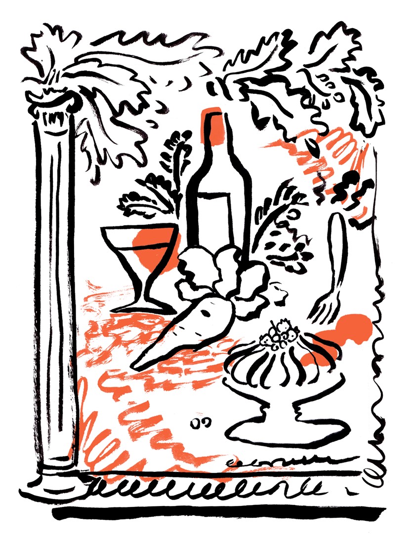 illustration of Food. Wine, dessert meringue and vegetables in a decorative greco- roman setting. Ink on paper, hand drawn. Editorial illustration for The Fence Magazine, on what strange things people did during the pandemic.