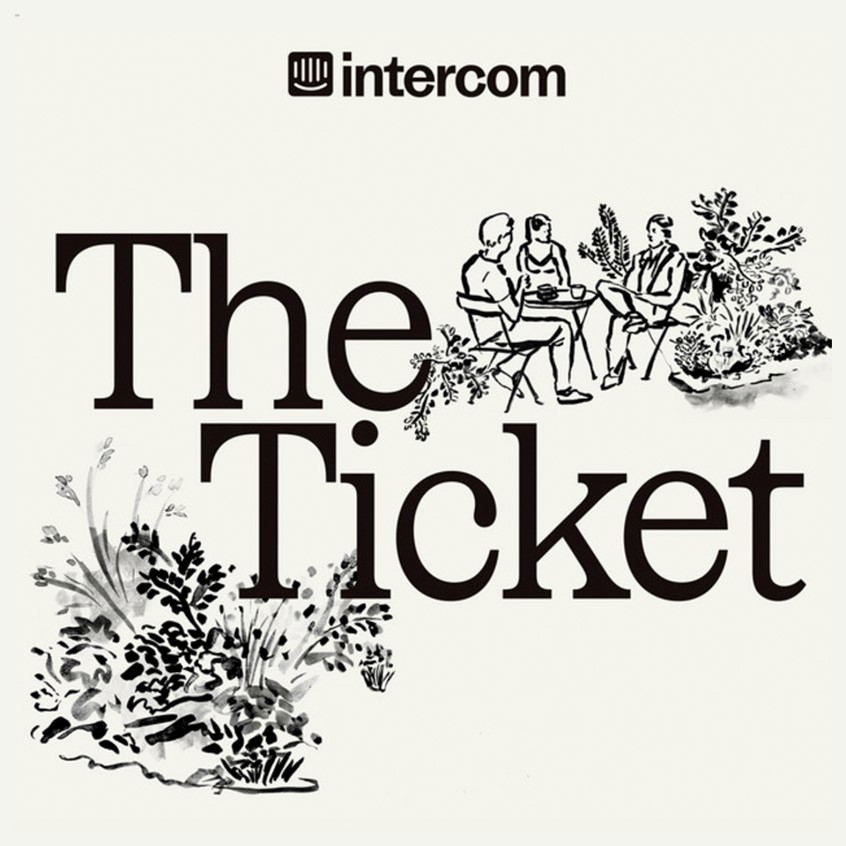 illustration of Ink illustrations of people sitting in a cafe with flowers, plants, garden. For newsletter and podcast the ticket by tech company Intercom. Image and text, logo lockup.