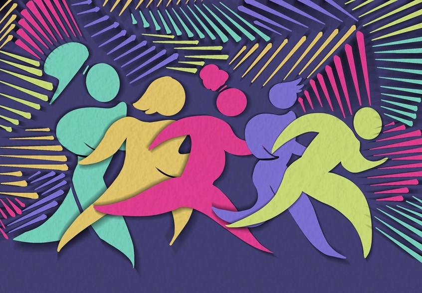 illustration of This vibrant paper cut illustration showcases a dynamic group of colorful figures in motion, symbolizing energy and unity. Each figure, rendered in bold hues of teal, yellow, pink, and purple, races forward against a rich navy backdrop. Radiating lines in matching neon tones fill the background, emphasizing movement, momentum, and a sense of collective determination. The piece exudes vitality and celebrates togetherness and progress.