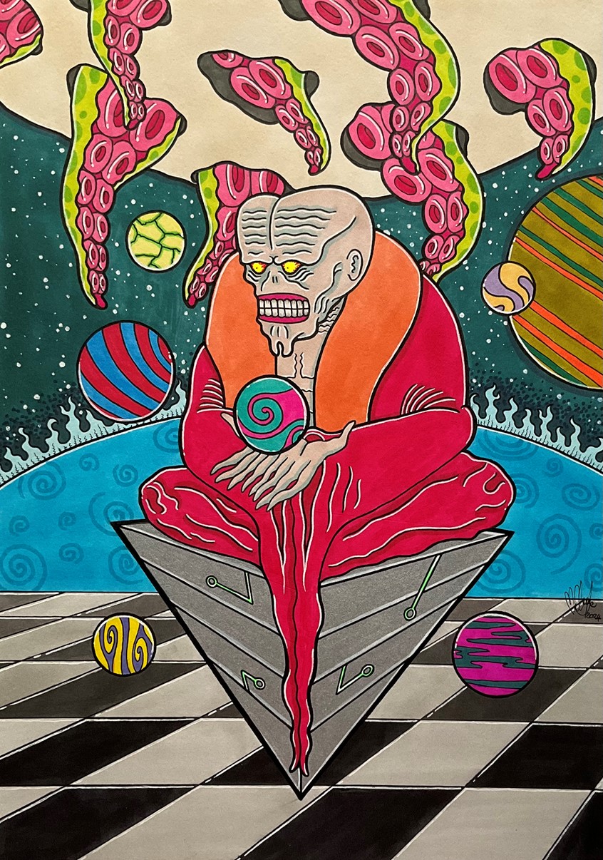 illustration of Concept drawing for oracle character in science fiction comic/manga. Weirdo art, lowbrow art, concept art, ignorant art, pro markers, sharpies, neon sharpies, Gelly roll, gel pen, science fiction, Retro futuristic, sci fi book cover, fantasy book cover, Les Edwards, Fighting Fantasy, Crypt of the sorcerer, Space Kingley, R. W. Jobson. ThePutridEye