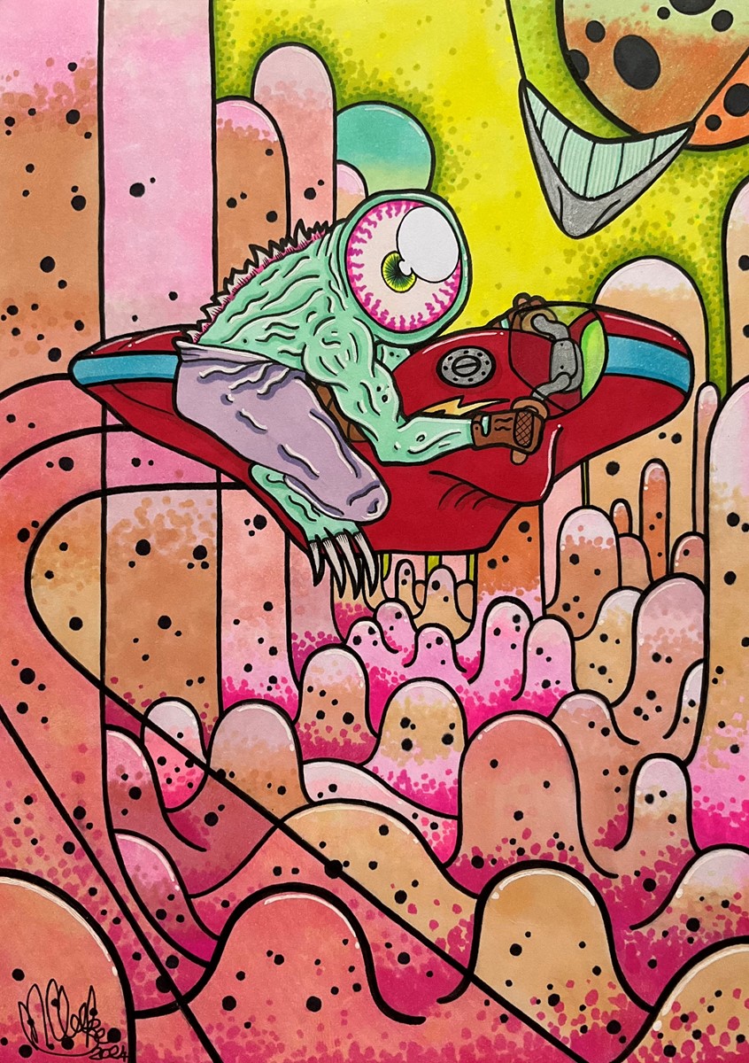 illustration of Mutant jet biker flying above an organic landscape. Concept for science fiction comic/manga story. Science fiction, lowbrow art, ignorant art, pop surrealist, bright colours, colours, neon sharpies, marker pens, jet bike, motorbike, bike gang, inspired by, comics, manga, Akira, Katsuhiro Otomo, ThePutridEye