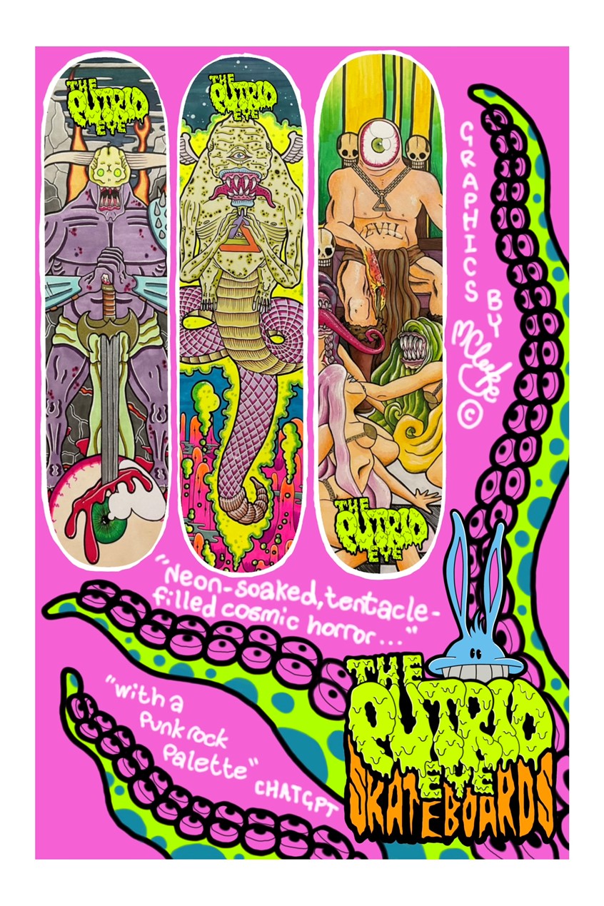 illustration of Mock up of skateboard ideas for a potential advert that might be seen in skateboarding magazines. Skateboarding, skateboards, advertising, bright colours, hand drawn, alcohol markers, procreate, Theputrideye, theputrideyeskateboards.