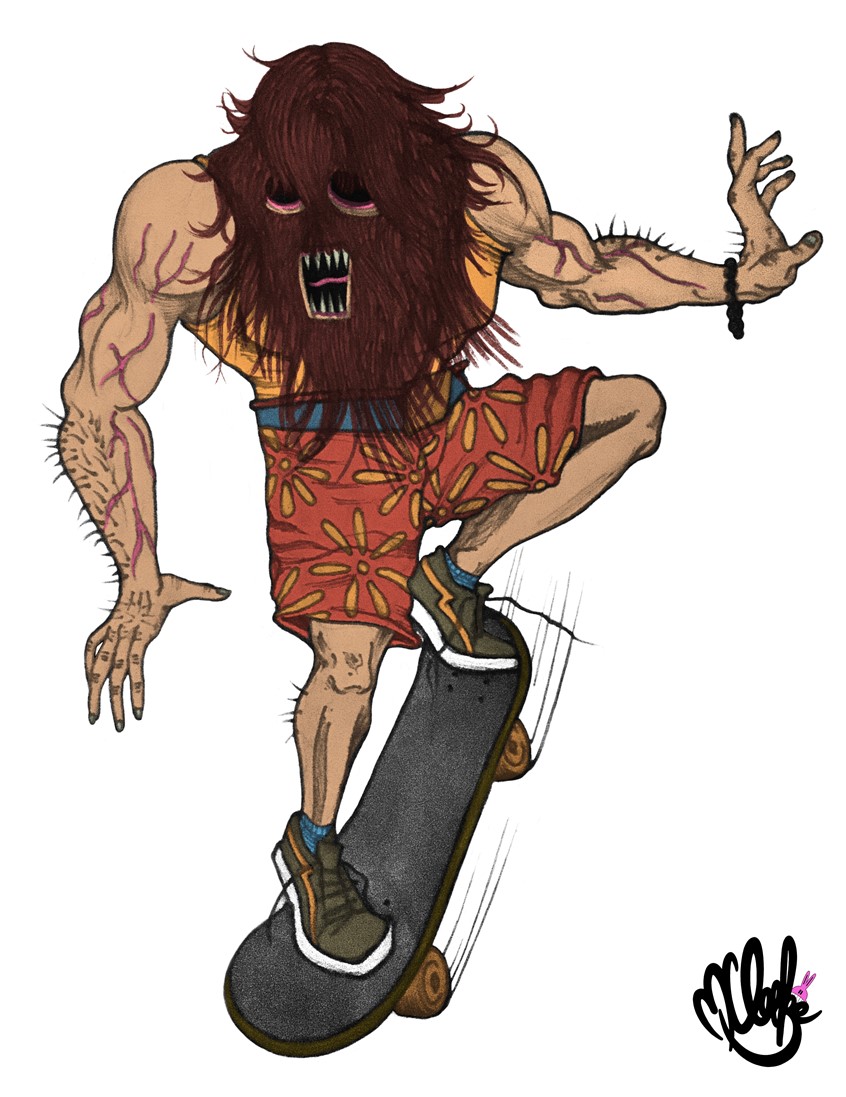 illustration of Drawing of the Skate thing character, possible graphic for team rider skateboards. recoloured digitally. Markers, procreate, digital, hand drawn, colour, skateboarding, skating, skateboard, theputrideye, theputrideyeskateboards.