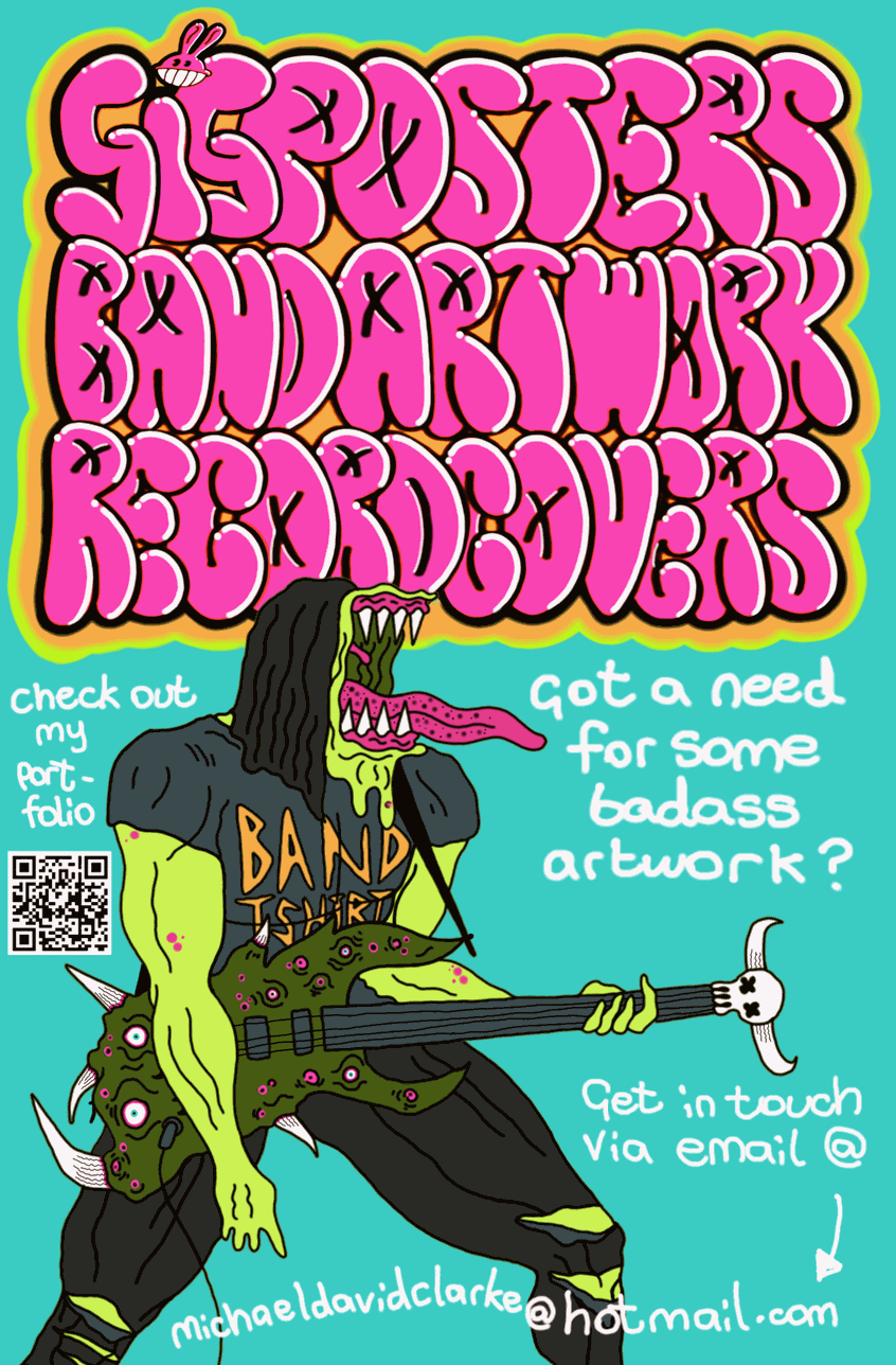 illustration of Poster to advertise services to bands for making gig posters, band artwork, record covers, bright colours, hand drawn then digitally coloured, Gif animation created on Procreate. Theputrideye.