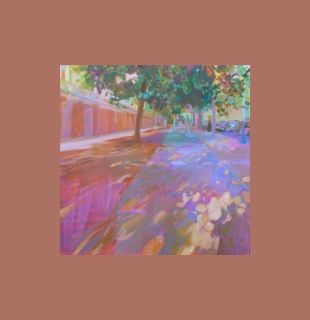 illustration of This oil on canvas square format urban landscape includes the entrance to the Mall Galleries and represents the expansive pedestrian sidewalks that surround the Mall and Trafalgar square, wide, and plane trees give shade in the Summer, pulling you into a slow walk at a highly frequented tourist landmark by the 19th Century architecture.