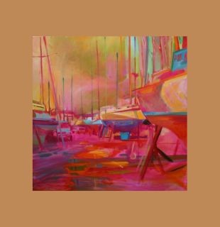 illustration of Landscape painting of Ponsharden boatyard, Falmouth.
This landscape painting depicts the prospects of summer held within boats in drydock. Flashes of blue and yellow pinning down the hulls within a dreamy pink landscape.
Story telling within this is a pink car in the distance where I parked up to watch two brilliant friends build a boat from scratch and to sell their house and sail off around Europe.