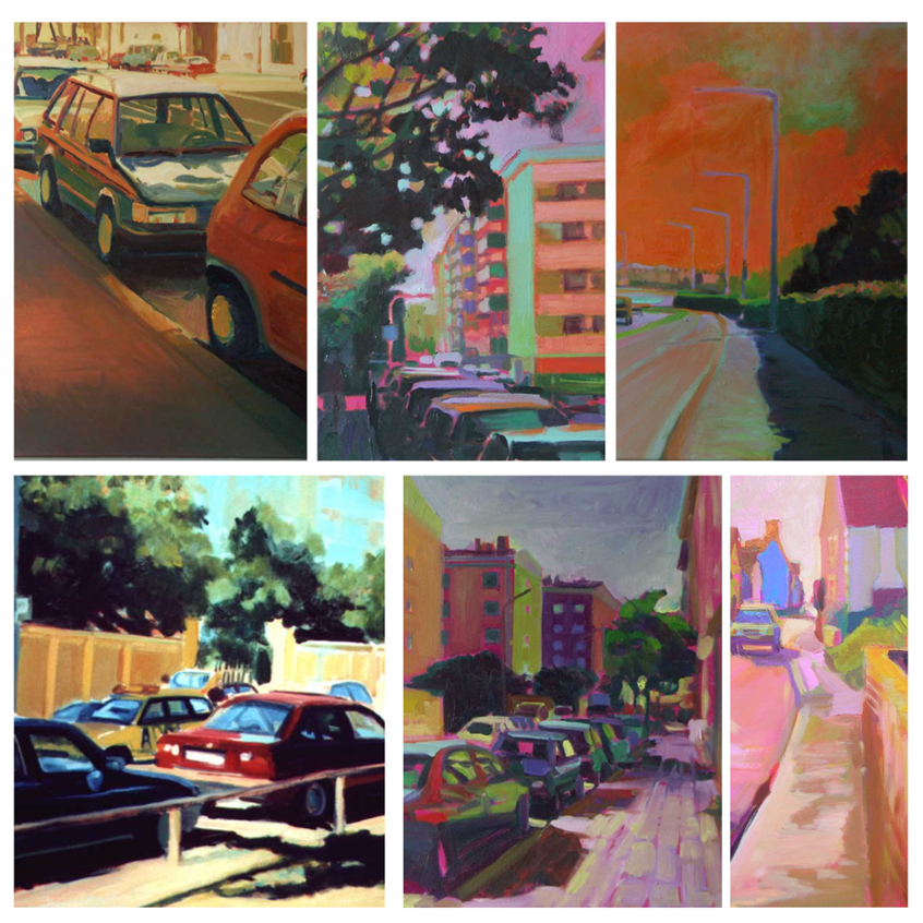 illustration of This urban landscape painting shows the moods of a functional and efficient transport system. City trams line up and fill any day with smooth sounds and casual stops perfectly situated to improve your journey. In a series of urban vistas routes and sidewalks through Munich, Germany between 1995-2005.