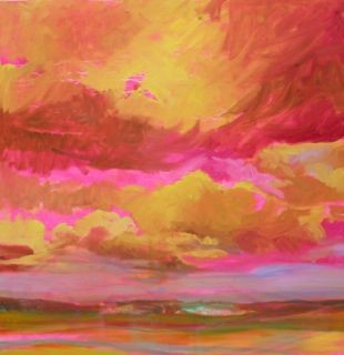 illustration of The magenta landscape paintings of broad sweeps of cloudy skies, began with this one. The strong and vibrancy of the colour reflects returning from Germany expressing the electric energy of being back in Cornwall. The sea met and blended into the softer landscape. This painting was at the start of the Marine Series.