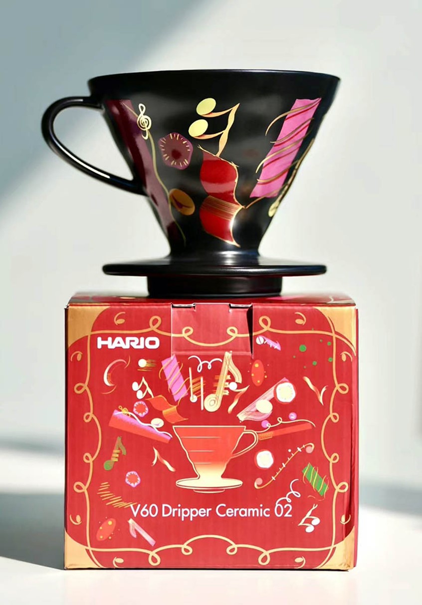 illustration of Collaborating with Hario China, I designed two illustrations for the renowned Hario brewing equipment, focusing on the enduring V60 ceramic coffee dripper. This piece revolves around the theme of music, featuring elements like musical symphonies and Musikverein, and underscores the interplay between joviality and aesthetics.