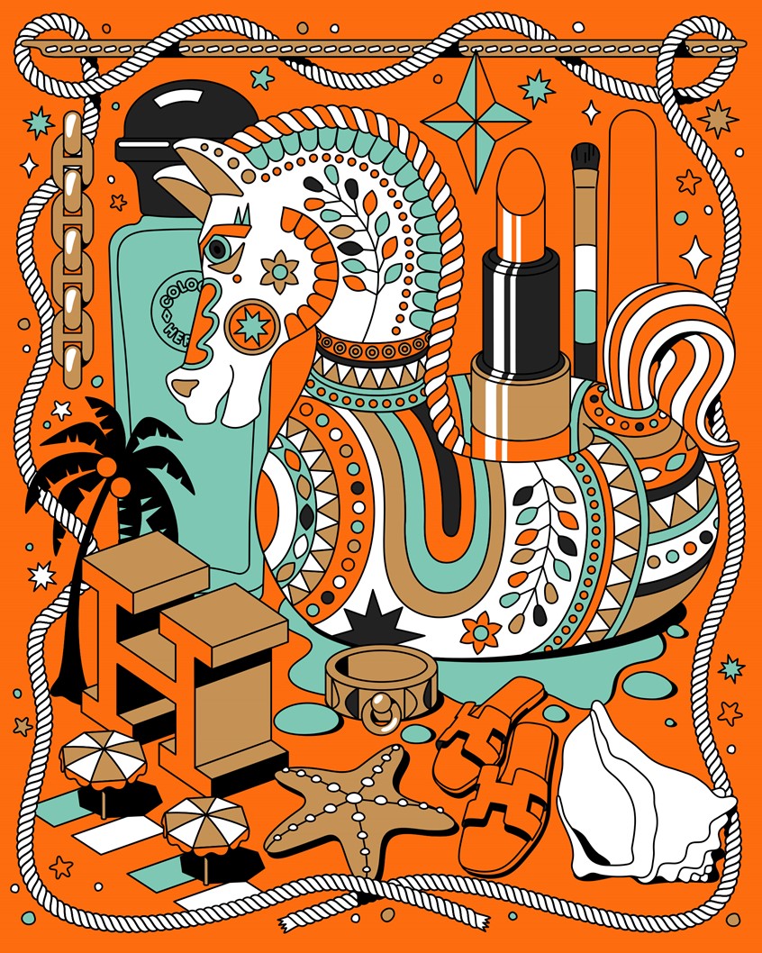 illustration of Summer Illustration experimentation, testing out mixing products, brand iconography and key colours of an existing brand with my style of illustration. I focussed on elements of the Hermès brand for inspiration: the tilted hand stitching, the iconic H monogram, jewellery and accessories, the iconic perfume bottle shape and cosmetics. It was fun to play with the proportions and combine them with summer-themed illustrations in my maximalist illustration style.
