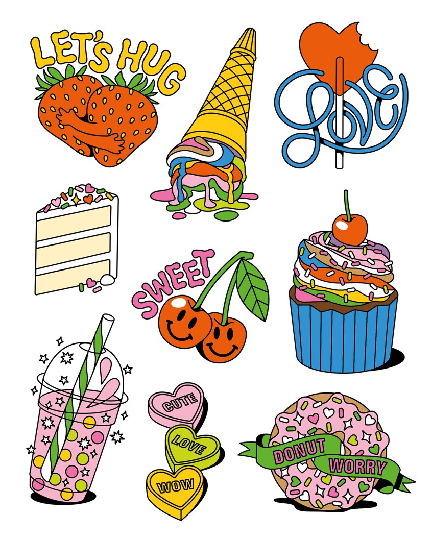 illustration of A selection of some of the 70+ colourful tattoos/stickers for the book. I was commissioned by Smith Street Books, an independent publishing company based in Melbourne, Australia, to design the cover and create a collection of over 70 illustrated temporary tattoos for their book,