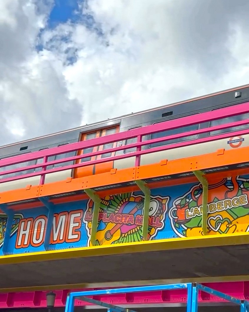 illustration of Site specific placemaking mural Illustrations for a permanent art installation on Old Kent Road Railway Bridge. This public art installation was designed to transform a railway bridge into a vibrant, uplifting landmark in the Old Kent Road neighbourhood. The community has a fantastic mix of cultures so it was a great chance to bring this spirit into the artwork and celebrate the community. Commissioned by Lawless Studio and Southwark Council