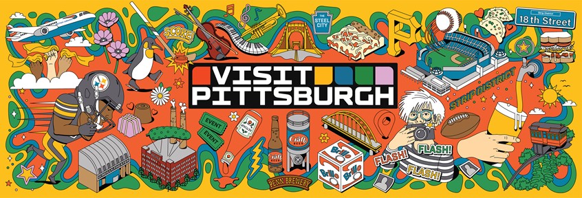 illustration of I was commissioned by the team at Outernet Global to create a series of illustrations for an immersive experience celebrating the city of Pittsburgh, Pennsylvania. The installation, developed in collaboration with Visit Pittsburgh, was part of a takeover at Outernet London, located at Tottenham Court Road, a cutting-edge venue featuring floor-to-ceiling wraparound digital screens. “Pin It on Pittsburgh, ” explored the city’s rich history and vibrant present.