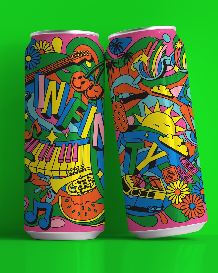 illustration of LIMITED EDITION SUMMER CAN ILLUSTRATION – packaging illustration, Summer-themed limited edition can design. Illustration created for a global aluminum beverage can manufacturer, to help engage consumers and elevate brands. I was approached to create an illustration that would be vibrant, colorful, and increase awareness of the infinite recyclability of aluminium and also utilise the special effect Day-Glo inks for my illustration.