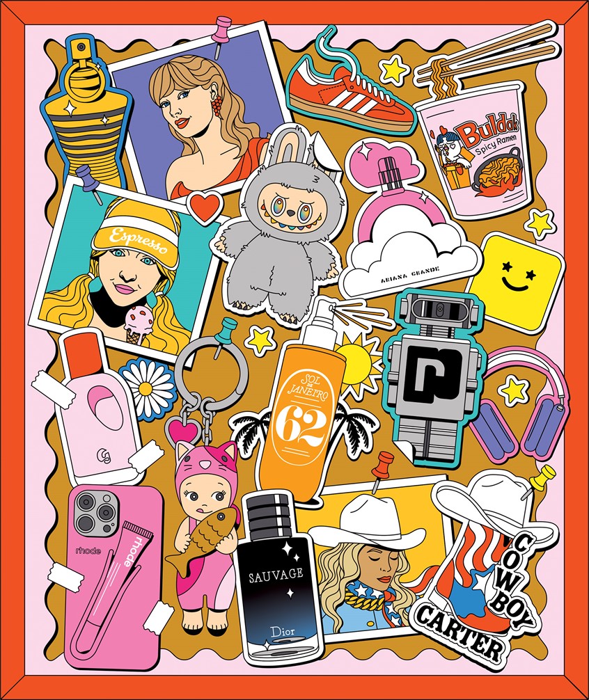 illustration of Colorful collage illustration featuring perfume bottles, sneakers, food, and playful icons representing tween interests and fragrance culture.
