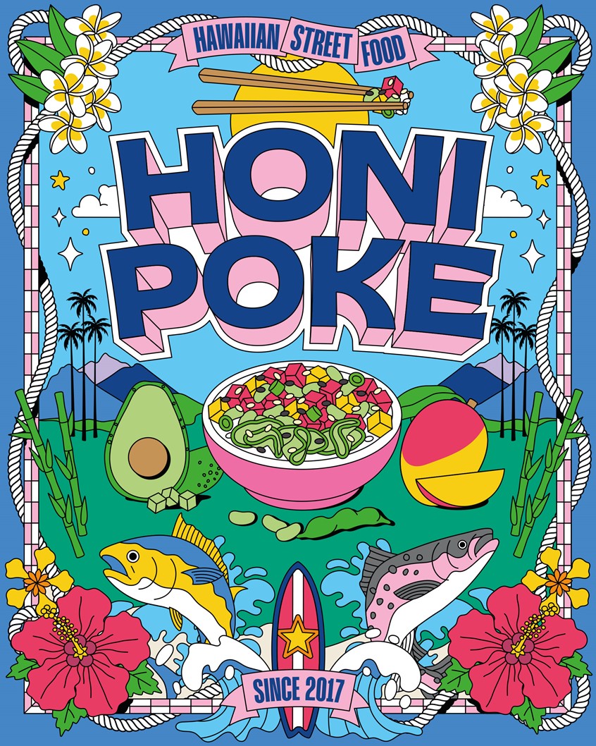 illustration of Colorful illustration featuring Honi Poke’s logo, tropical elements, fresh poke bowl, and Hawaiian motifs emphasizing a vibrant island vibe.