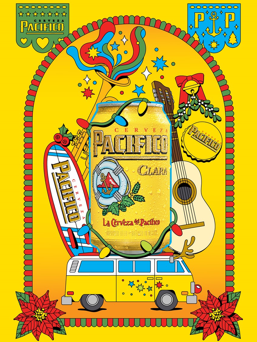 illustration of PACIFICO CHRISTMAS CAMPAIGN ILLUSTRATIONS - Posters, Key Visual Illustrations, Patterns, Icons I worked with Upshot on a collection of illustrations for Pacifico Beer’s holiday direction. The artwork mixes the Mexican heritage of the brand, it's roots in surf culture and Christmas iconography. #Food and beverage campaign #cpgbranding #drink illustration #beer illustration #dooh #ooh #surfing #christmascampaign #beerbrand #posterillustration
