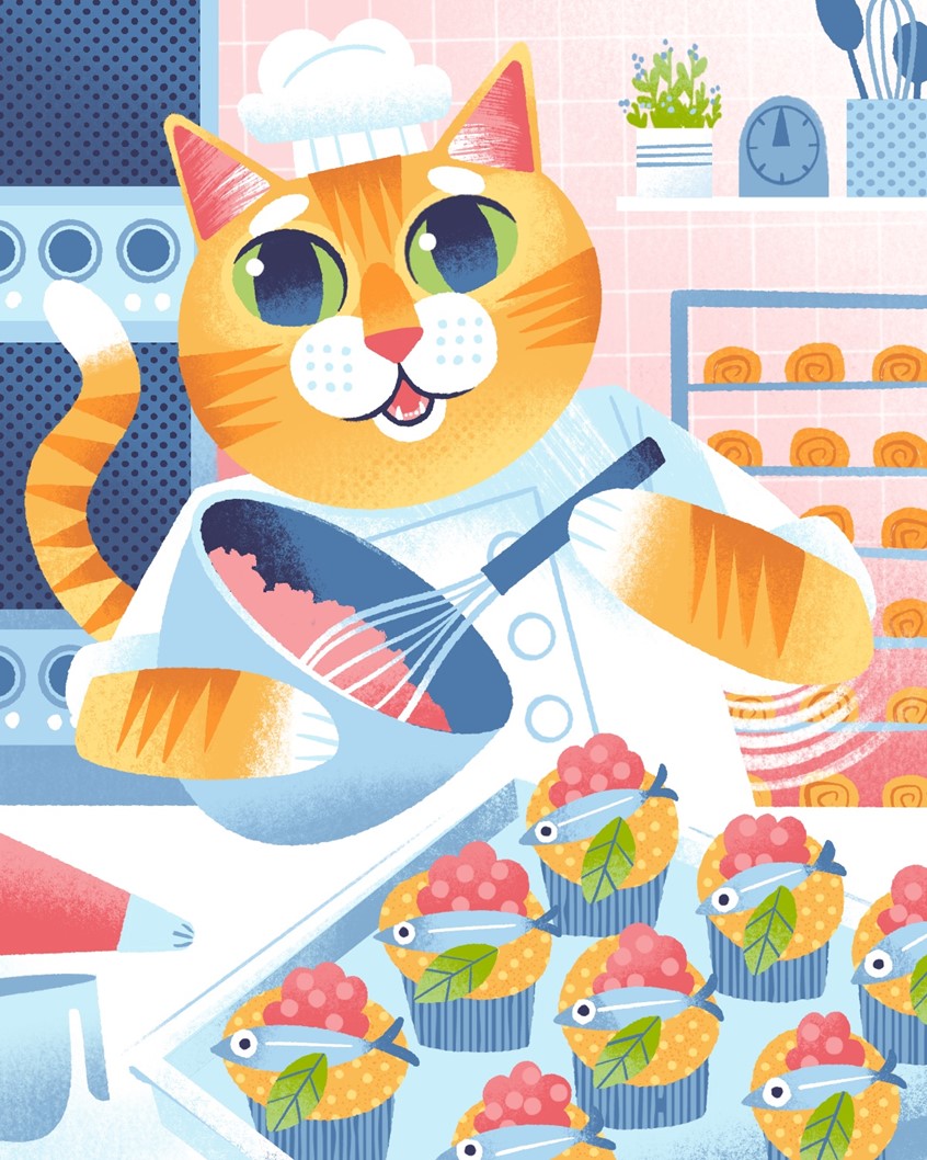 illustration of A playful and vibrant illustration of an orange cat dressed as a baker, happily mixing batter in a kitchen filled with ovens, utensils, and trays of decorated cupcakes. The scene is bright, charming, and perfect for children's books, educational materials, or fun culinary-themed stories. The expressive character design adds humor and warmth to the image.