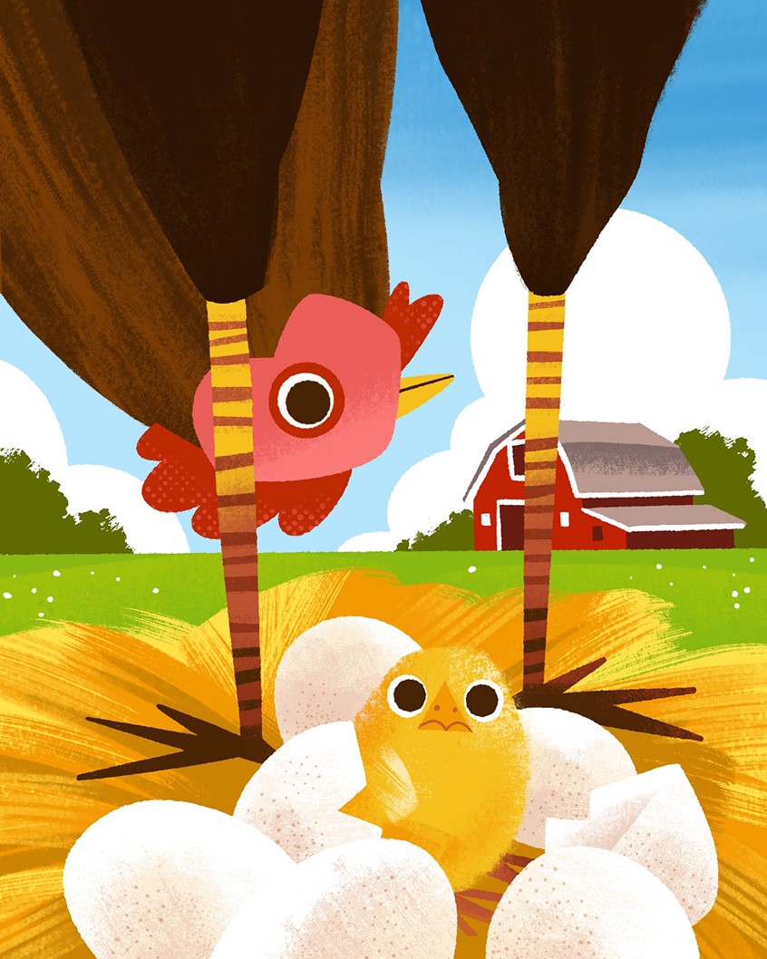 illustration of A cheerful and colorful farmyard illustration featuring a newly hatched chick sitting among eggs while a bright red mother bird watches protectively from above. The scene includes a barn and open fields, capturing a warm and playful children's storybook atmosphere. Ideal for children’s books, educational content, and farm-themed visuals.