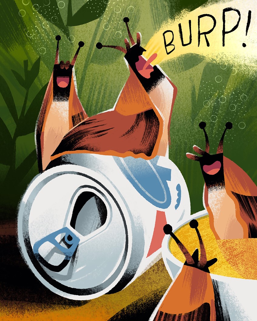 illustration of A humorous and lively illustration featuring a group of slugs gathered around a spilled soda can, happily drinking the fizzy liquid. One slug even lets out a playful “BURP!”, adding to the comedic feel. The scene takes place outdoors among plants and greenery, using bold shapes and expressive characters perfect for children’s content, humorous stories, or editorial illustrations.