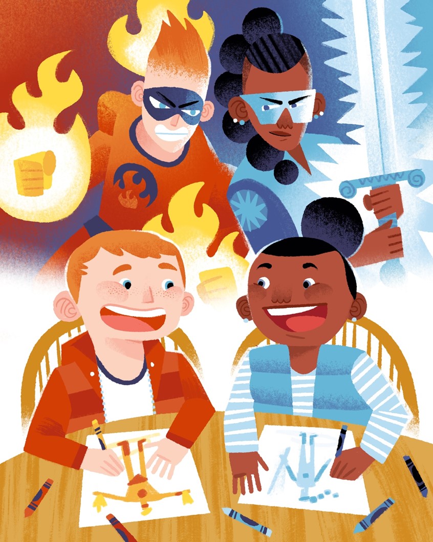 illustration of A bright and energetic illustration showing two children happily drawing at a table while imagining powerful superheroes coming to life behind them. Flames, glowing swords, and dynamic poses represent their vivid creativity. The scene celebrates imagination, friendship, and storytelling, making it ideal for children’s books, educational content, and creative learning themes.