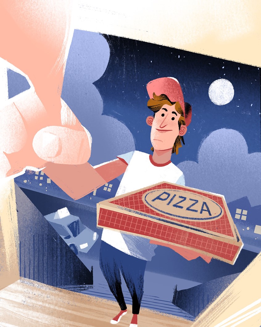 illustration of A stylized and expressive illustration of a pizza delivery worker arriving at a customer’s door under a moonlit sky. The delivery person offers a pizza box with a friendly, welcoming expression. The scene captures a relatable everyday moment with playful colors, dynamic lighting, and a whimsical character style suitable for editorial content, storytelling, and children’s illustrations.