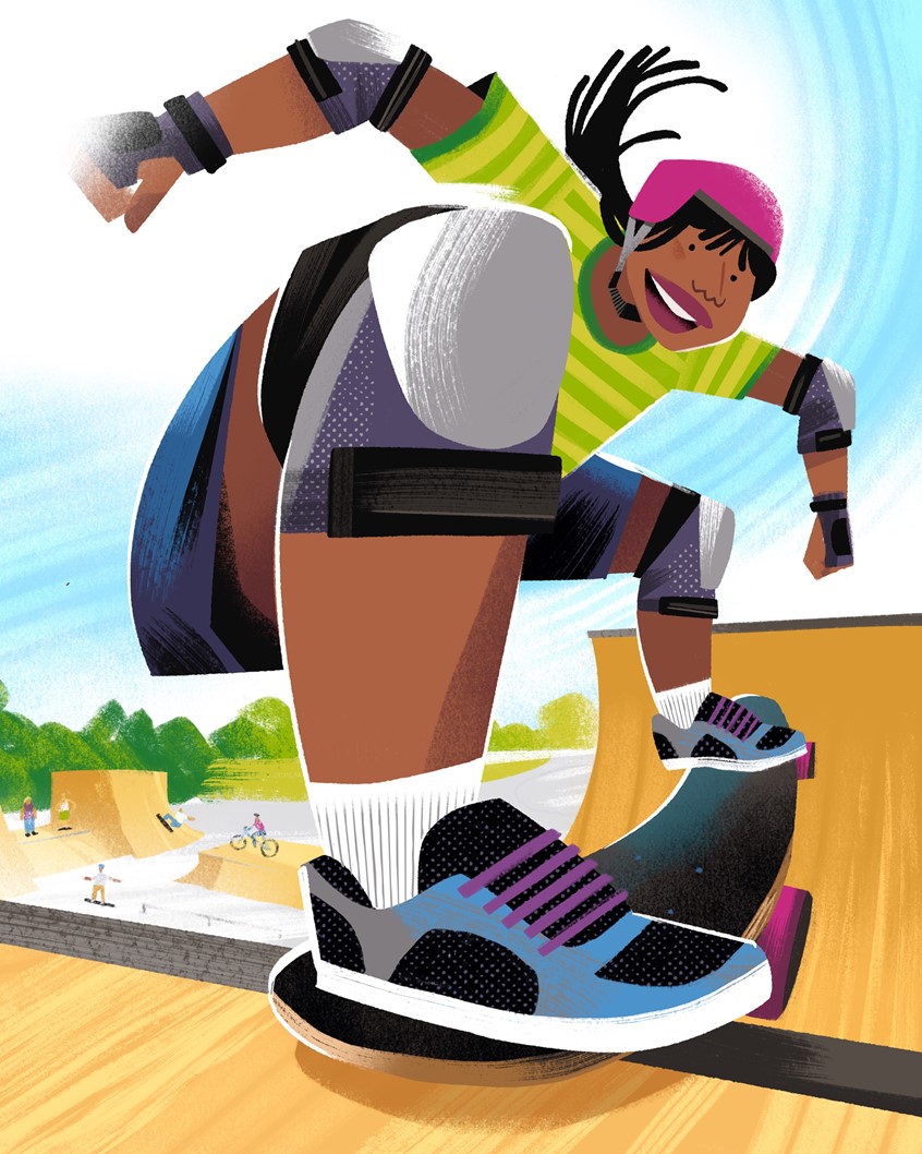 illustration of A dynamic and colorful illustration of a young girl confidently skateboarding on a ramp at an outdoor skate park. Wearing safety gear and a bright helmet, she rides with excitement and determination. The lively composition, bold character design, and playful setting make this artwork perfect for children’s books, sports content, and youth-oriented storytelling.