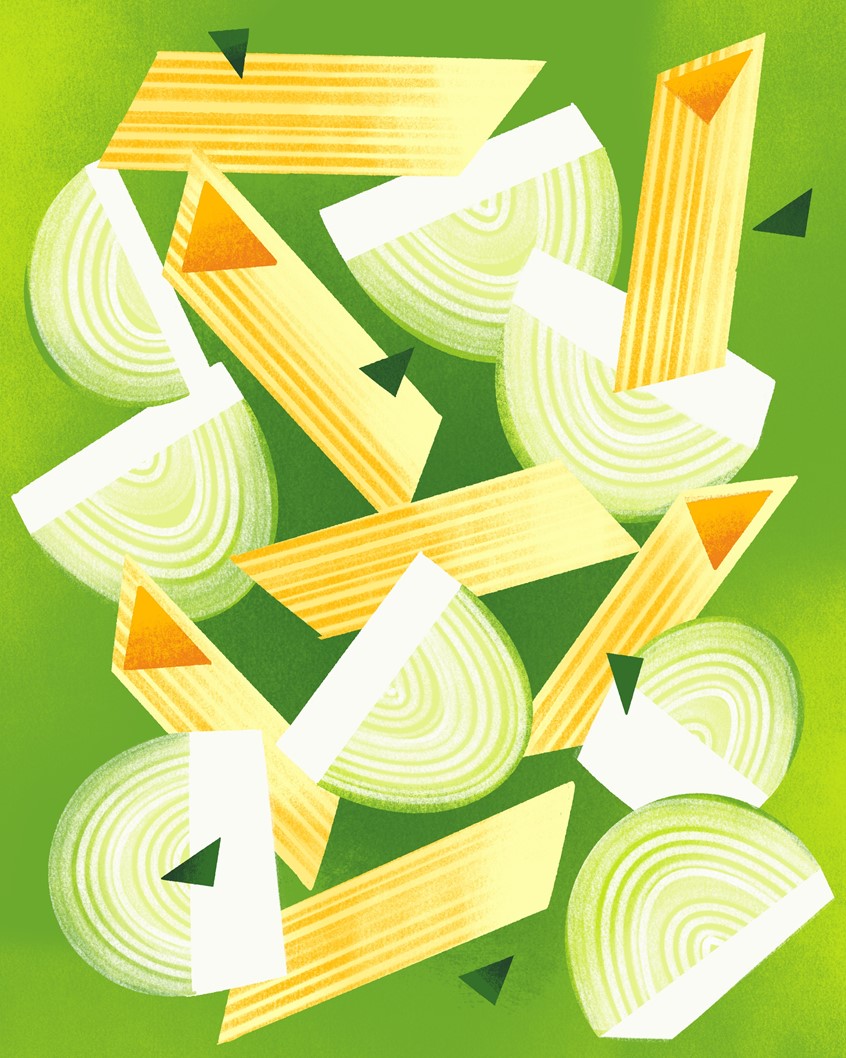 illustration of A clean, modern illustration showcasing penne pasta, sliced leeks, and geometric accent shapes arranged in a fresh, recipe-inspired layout. The bright green background and stylized textures give the artwork a crisp, contemporary feel, making it ideal for food packaging, cookbooks, editorial recipes, and surface design projects.