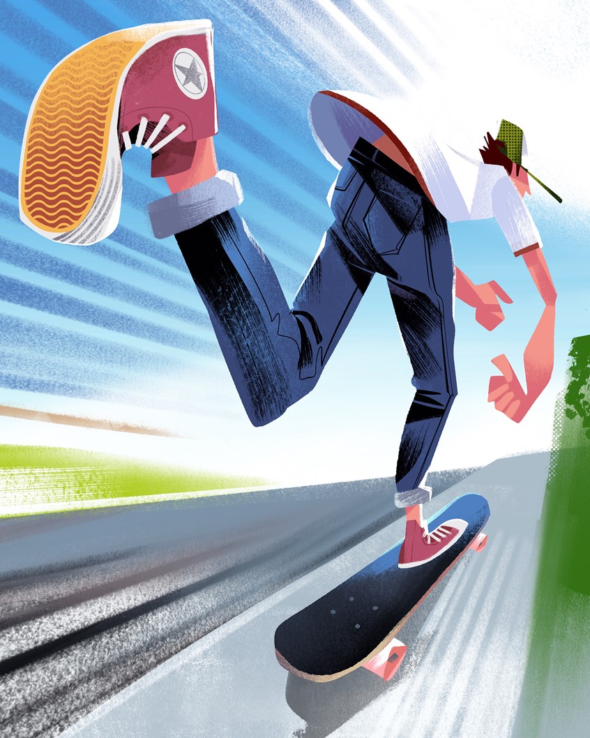 illustration of A dynamic and energetic illustration of a young skateboarder performing a fast-paced trick on an open road. The motion lines, dramatic perspective, and bold character design create a sense of speed and excitement. This artwork is ideal for sports themes, youth culture, action storytelling, and expressive editorial visuals.