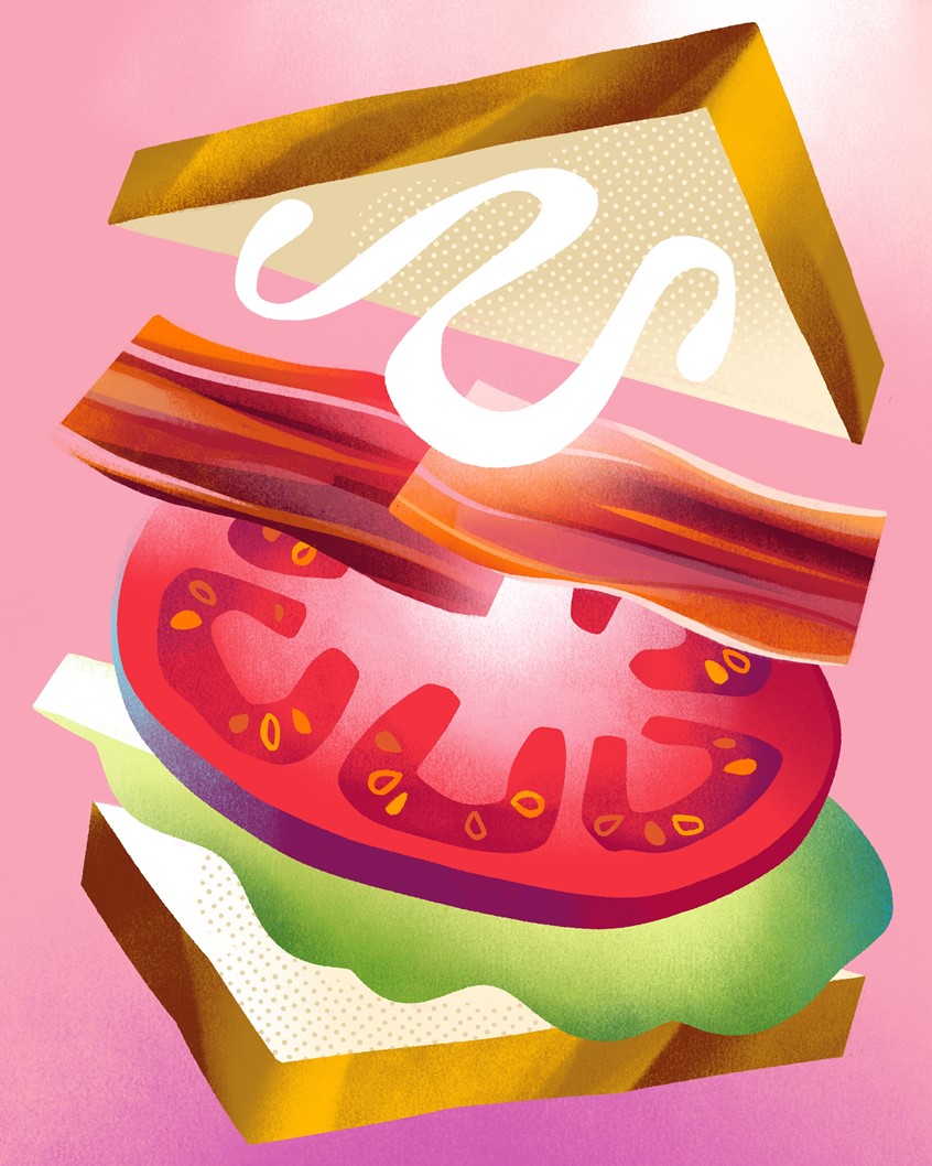 illustration of A vibrant and modern deconstructed BLT sandwich illustration featuring layered ingredients—crispy bacon, fresh tomato slices, lettuce, bread, and a swirl of mayonnaise. The playful arrangement and bold colors create a dynamic food-themed visual perfect for cookbooks, packaging, editorial layouts, and contemporary recipe artwork.