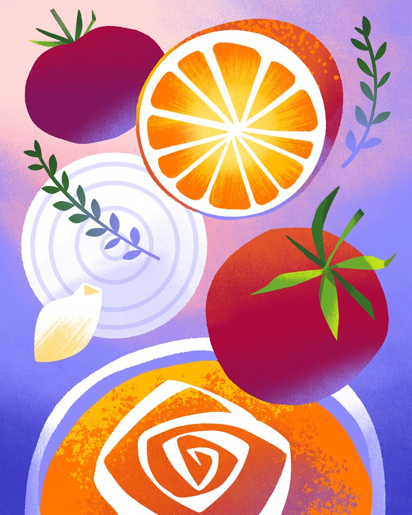 illustration of A bright and modern illustration of fresh cooking ingredients, including tomatoes, citrus slices, onions, garlic, and sprigs of herbs. Soft gradients and stylized shapes create a vibrant, appetizing composition perfect for editorial food features, recipe visuals, packaging, or surface design projects. The artwork highlights freshness, flavor, and natural ingredients.