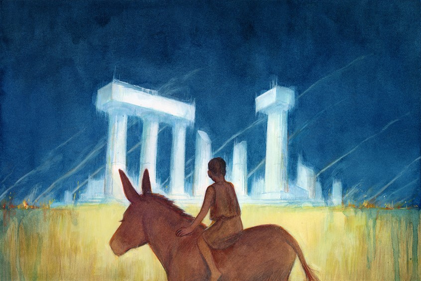 illustration of For NYT Book Reviews’ historical fiction column, about Sing to Me by Jesse Browner.
After the fall of Troy, an eleven-year-old boy sets off for the razed city when his father and sister vanish into the war zone; this