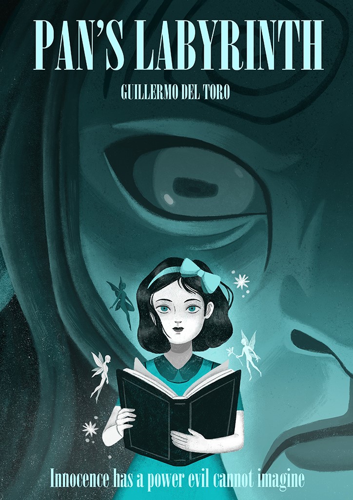 illustration of Fantasy, poster, cover, end sheet and front matter illustration for Pan's Labyrinth. The illustration was inspired by the fantasy movie Pan's Labyrinth. Conceptual, fantasy, girl, eye, blue, fairy, book, dark, uncanny, white, light, dark tune