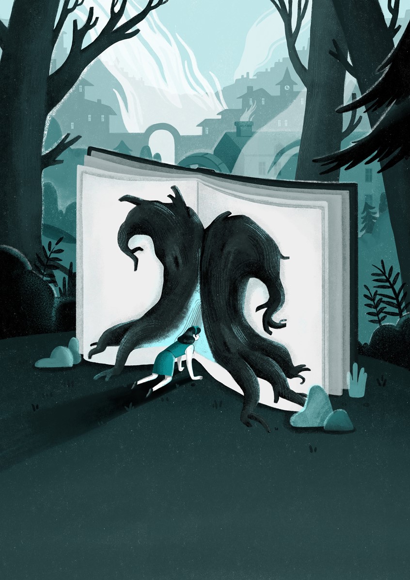 illustration of Fantasy, poster, cover, end sheet and front matter illustration for Pan's Labyrinth. The illustration was inspired by the fantasy movie Pan's Labyrinth. Conceptual, fantasy, girl, tree, blue, war, book, dark, uncanny, white, light, dark tune, village, boom