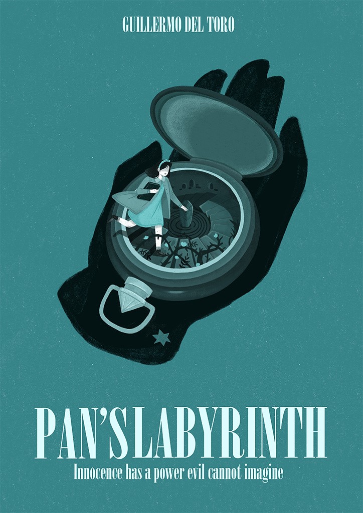 illustration of Fantasy, poster, cover, end sheet and front matter illustration for Pan's Labyrinth. The illustration was inspired by the fantasy movie Pan's Labyrinth. Conceptual, fantasy, girl, hand, blue, war, book, dark, uncanny, white, light, dark tune, politic