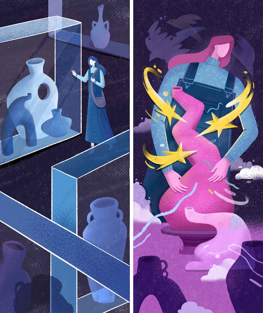 illustration of Editorial, poster, cover, magazine illustration for an atricle of the depth of experience. The illustration was inspired by an article about a girl to start learning pottery rather than standing away to see other's work. Conceptual, fantasy, girl, double life, blue, star, museum, dark, pink, clay, pottery, dark