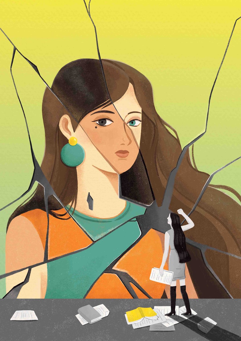 illustration of Editorial, poster, book cover, magazine illustration for Yellow face. The illustration was inspired by the novel Yellow Face. Conceptual, fantasy, girl, mirror, twist, orange, blue, racial, city, feminine, multi-culture