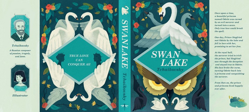 illustration of Fantasy, ballet, book cover, end sheet and front matter illustration for the classic fairy tale swan lake. The illustration was inspired by the original swan lake story. Conceptual, fantasy, swan, black swan, bird, flower, book, blue, yellow, owl, romance, dark, village, flower