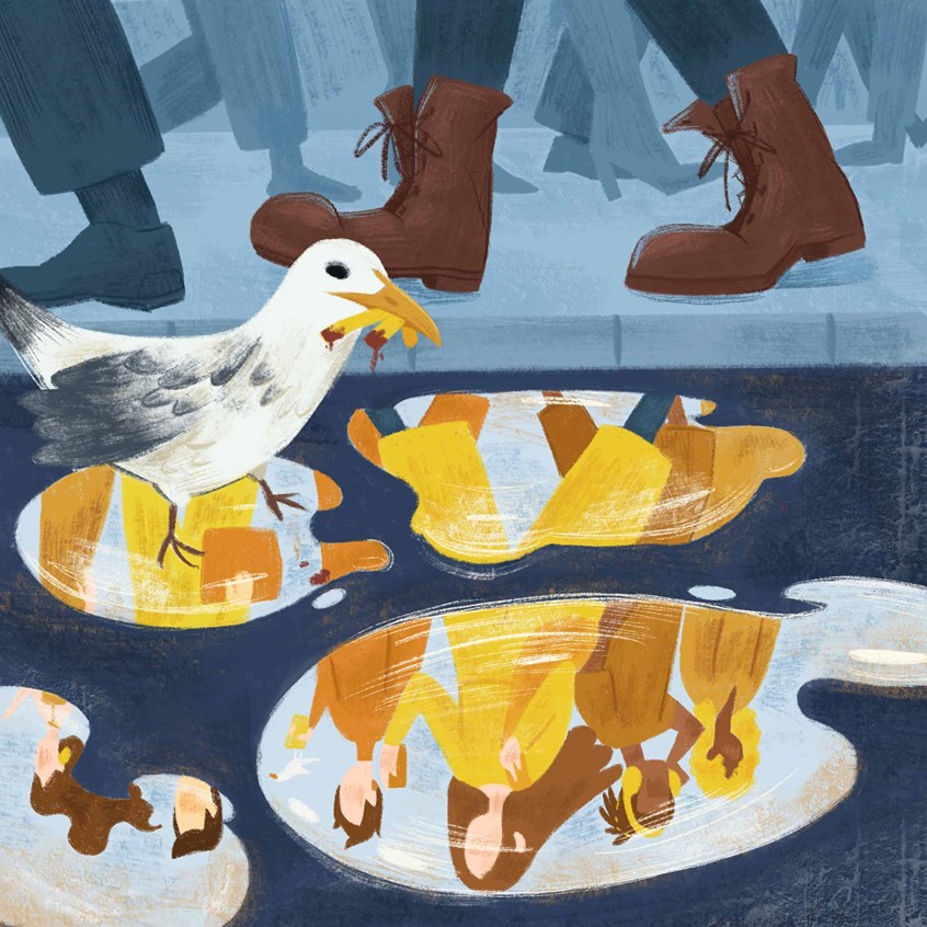 illustration of Editorial, poster, cover, and magazine illustration for a rainy day in London. The illustration was inspired by the frainy winter time in London. Conceptual, editorial, bird, water, pool, passenger, pavement, blue, depression, people, magazine, people, city