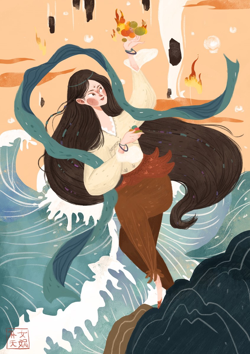 illustration of Fantasy, poster, cover, end sheet and magazine illustration for the Goddess Nvwa. The illustration was inspired by the Chinese fantasy about a goddess called Nvwa. Conceptual, fantasy, girl, flood, orange, woman, goddess, sea, chinese, fire, mythology, stone, long hair