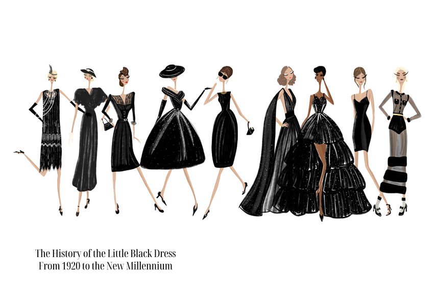 illustration of A stylish timeline of fashion history celebrating the evolution of the Little Black Dress. From the elegant 1920s to today’s modern styles, this piece pays tribute to one of fashion’s most enduring icons.
This illustration showcases a curated collection of vintage fashion styles, from 1920s flapper silhouettes and glamorous 1950s hourglass shapes, to minimalist '90s cuts and contemporary designs, blending fashion history and timeless style.