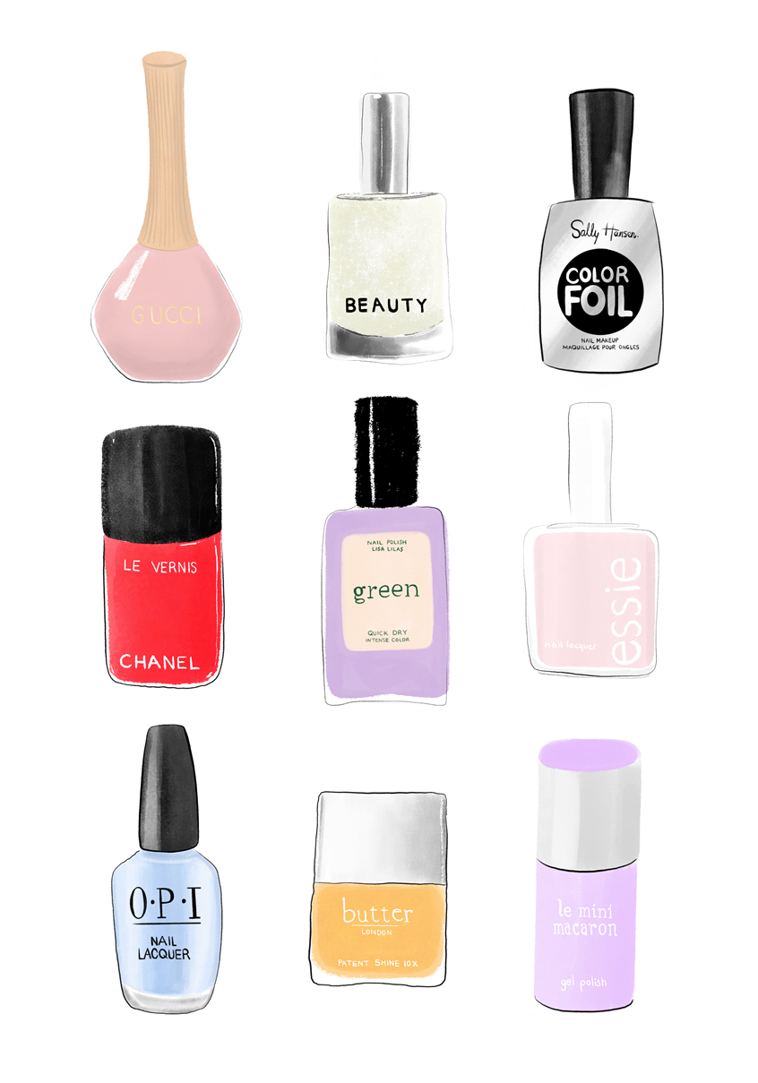 illustration of A contemporary digital illustration showcasing a curated selection of nail polishes from luxury and everyday beauty brands. Rendered in a modern, editorial style with bold colour contrasts and clean lines, the artwork highlights the playful variety of shades. Inspired by fashion flatlays and beauty editorials, this piece celebrates the artistry of cosmetics while reflecting the polished sophistication of beauty culture.