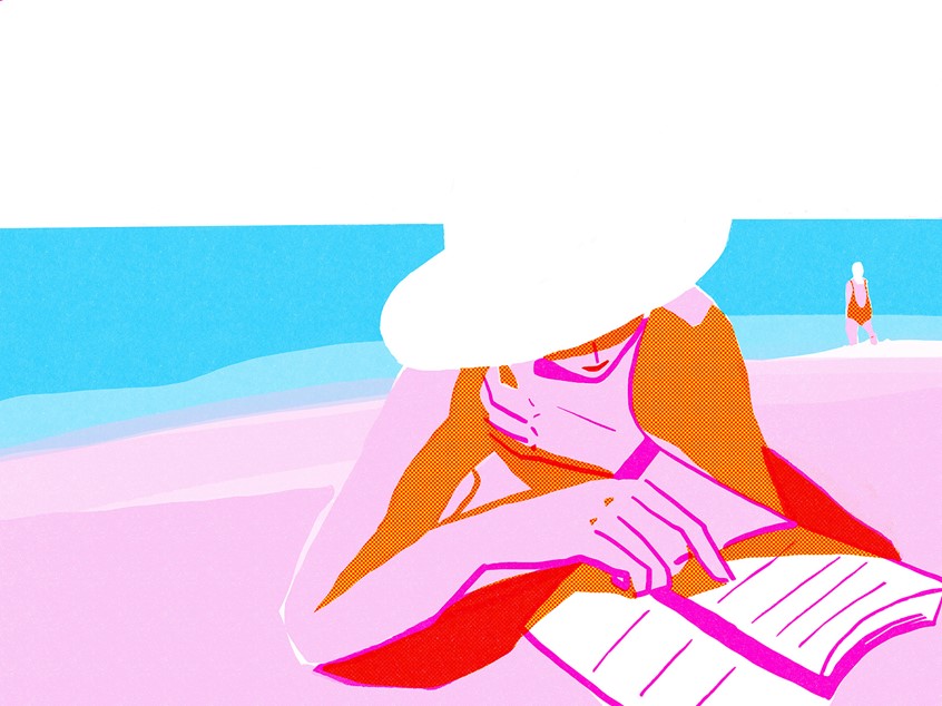 illustration of A serene close-up of a woman lying by the Atlantic coast, fully immersed in her book. This contemporary illustration captures the calm and reflective mood of a sunny seaside moment — ideal for editorial, lifestyle, and travel contexts.
