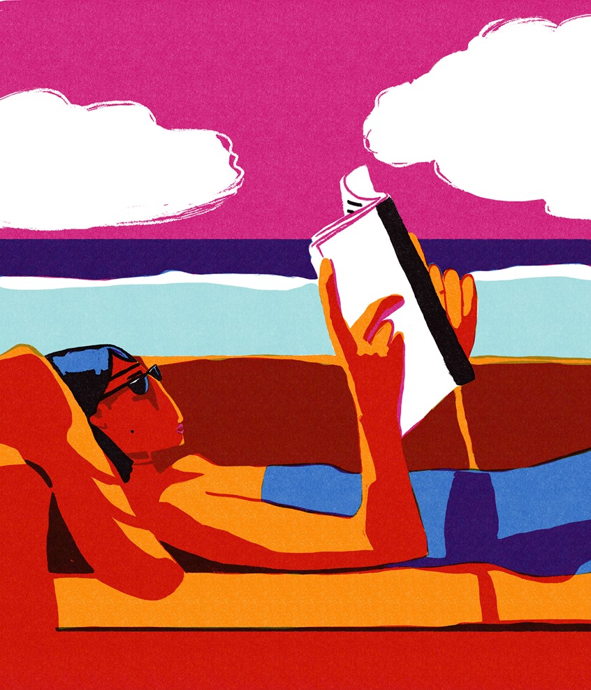 illustration of This illustration captures a quiet yet surreal moment: a woman reads on a vintage sofa placed directly on the beach, facing the endless Atlantic Ocean. The sky fades from soft pink to dreamy violet-blue, creating a visual metaphor for escape and immersion. Part of my ongoing series exploring solitude, imagination, and women’s inner worlds, this piece is ideal for editorial use, book campaigns, or storytelling-focused brand visuals.