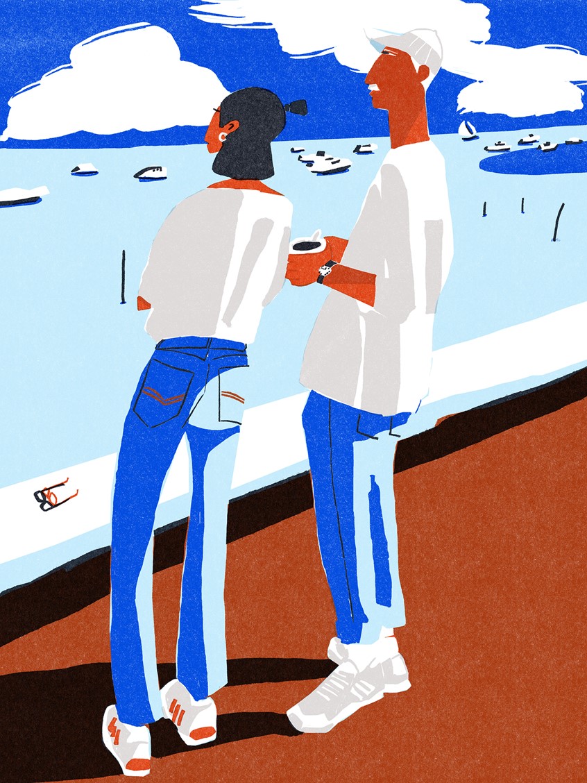 illustration of A couple enjoys a quiet moment overlooking the ocean in this contemporary illustration. The scene captures the serene beauty of the coast, soft sunlight, and the intimacy of shared reflection — ideal for editorial, travel, or lifestyle contexts.