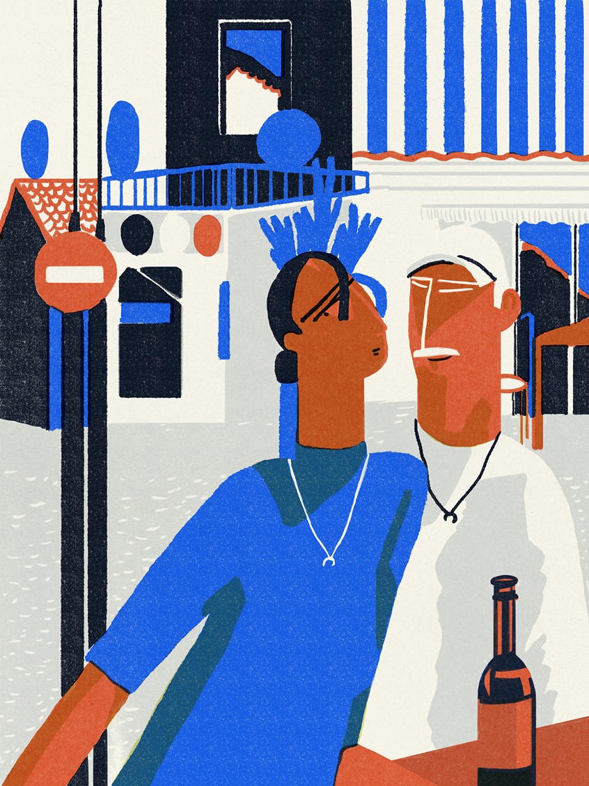 illustration of A couple enjoys lunch on a sunny seaside terrace in this contemporary illustration. The warm light, soft tones, and calm atmosphere evoke the slow rhythm of coastal life — perfect for editorial, lifestyle, and travel-related projects.