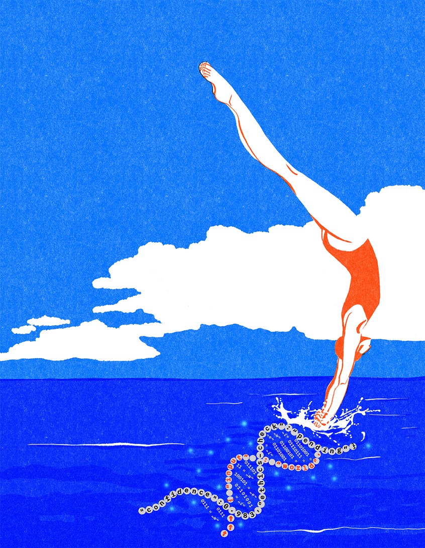 illustration of This illustration captures a defining moment: humanity’s irreversible dive into an AI-driven future.
A diver — strong, graceful, focused — pierces the surface of a deep blue unknown, heading straight into a glowing strand of symbolic DNA. Letters, data, language — our digital essence.
Is this evolution, surrender, or transformation?