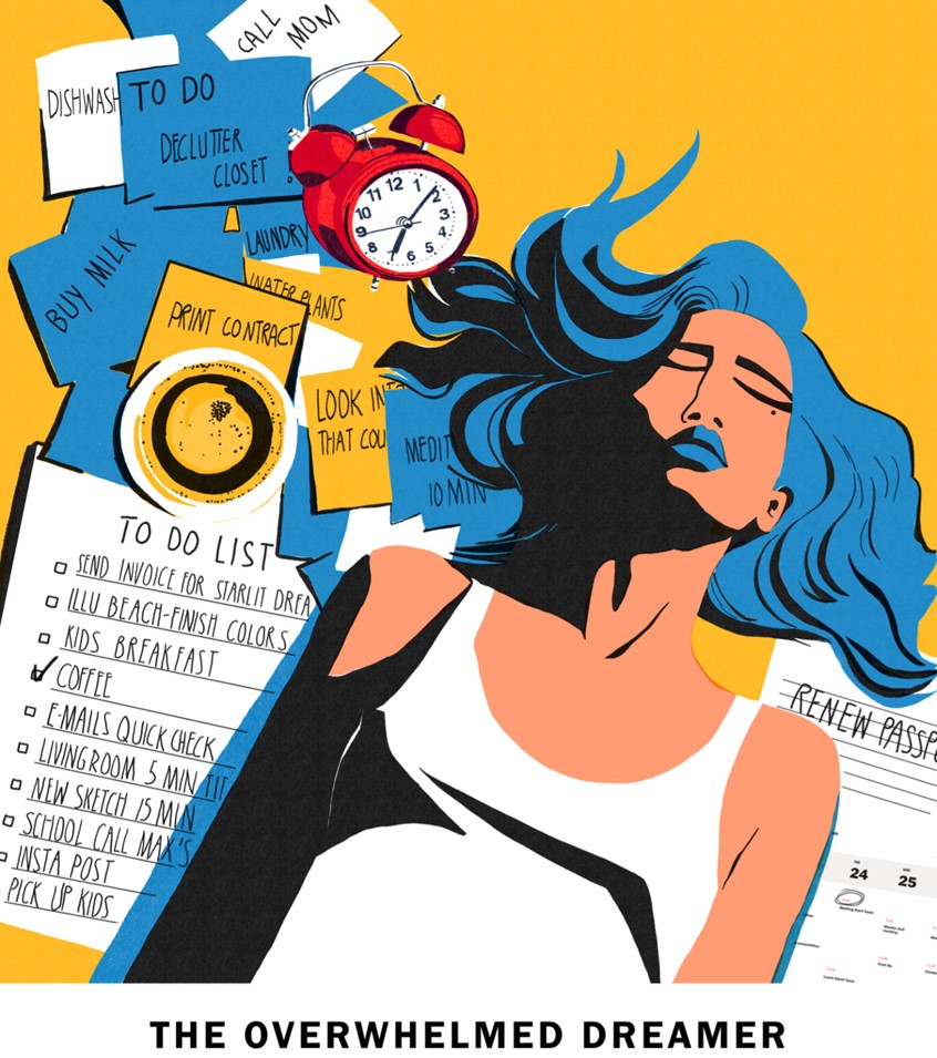 illustration of Buried under a chaotic sea of to-do lists and sticky notes, she sleeps undisturbed, while the alarm clock blares. Bold colors and comic-style lines capture the clash between ambition and procrastination, inspired by the iconic style of Roy Lichtenstein.